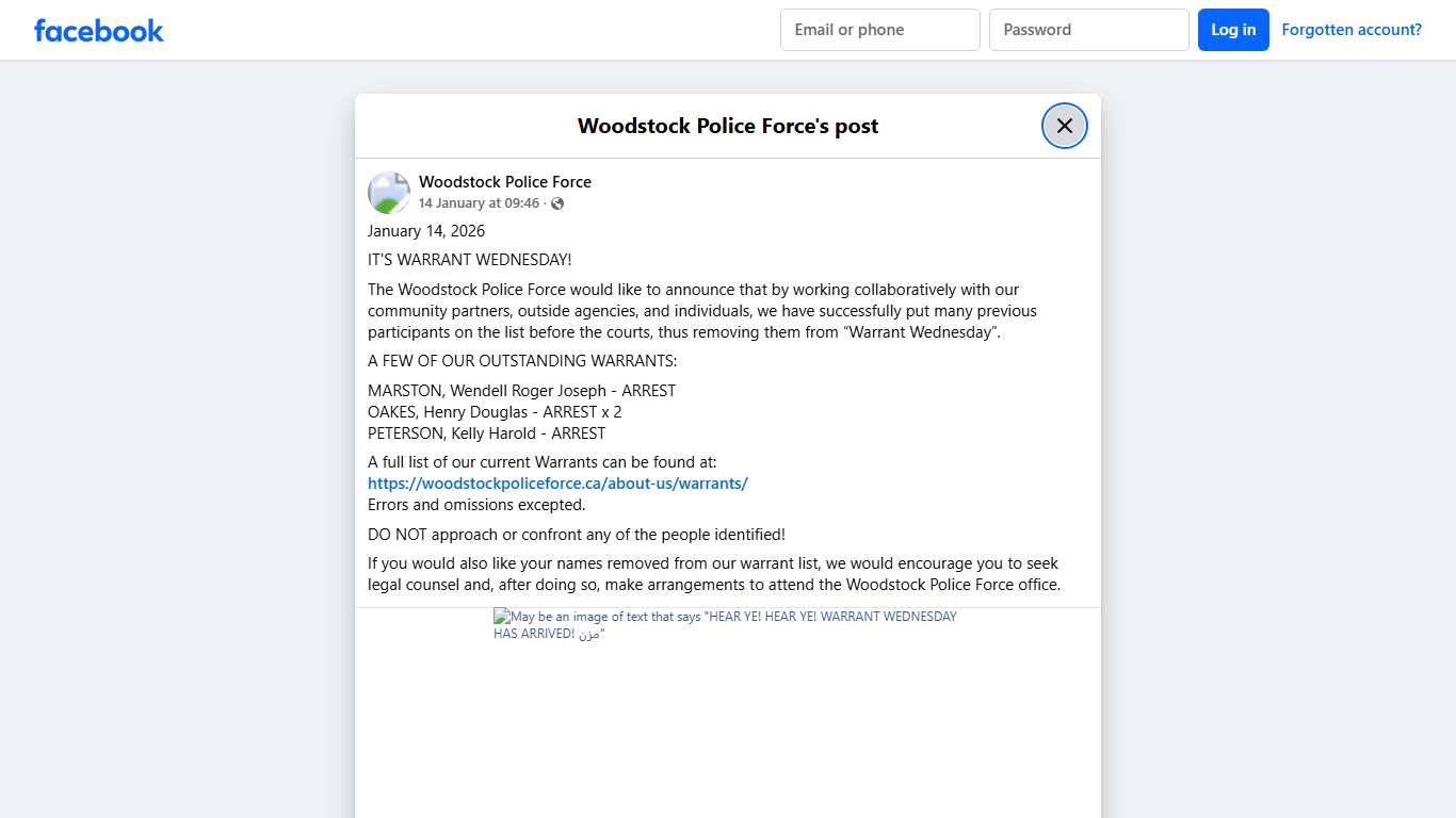January 14, 2026 IT'S WARRANT... - Woodstock Police Force Facebook