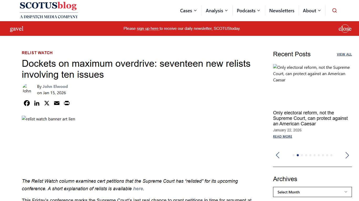 Dockets on maximum overdrive: seventeen new relists involving ten issues - SCOTUSblog