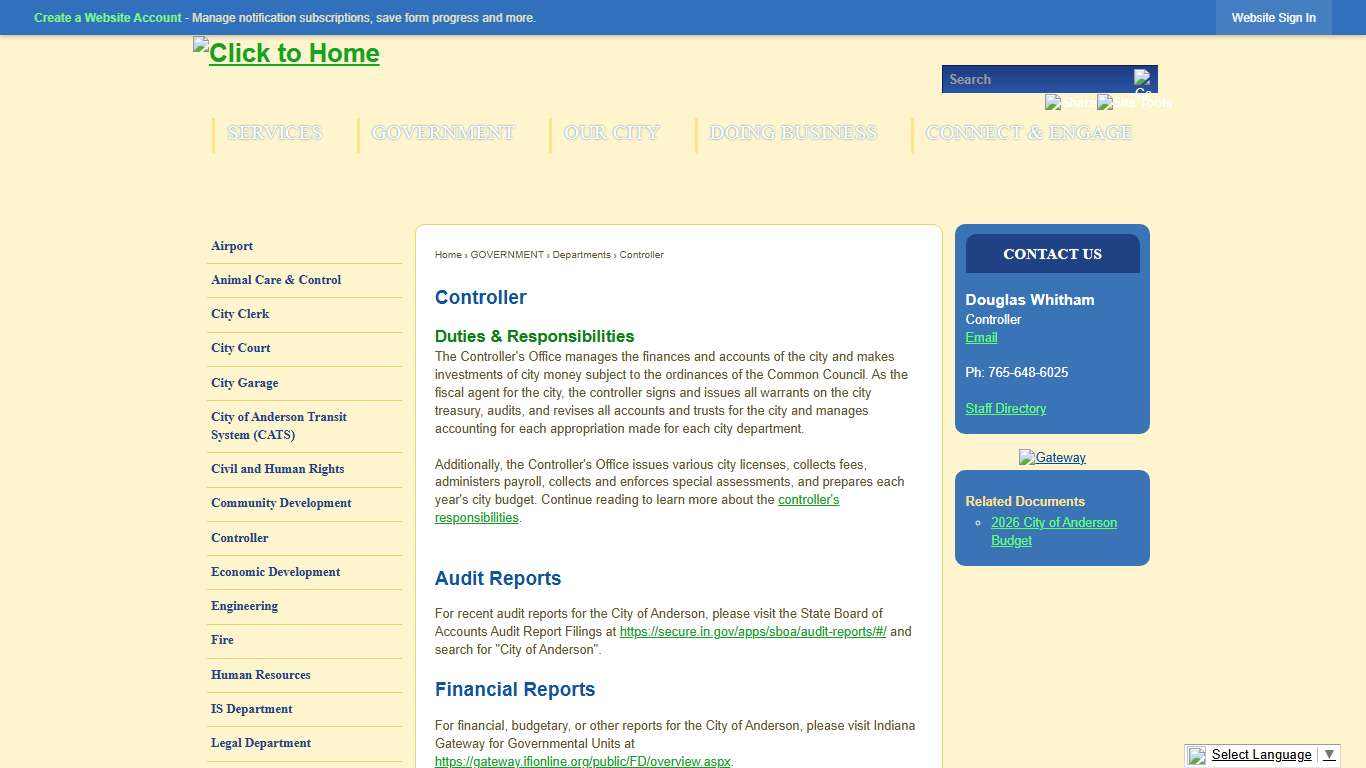 Controller Anderson, IN - Official Website